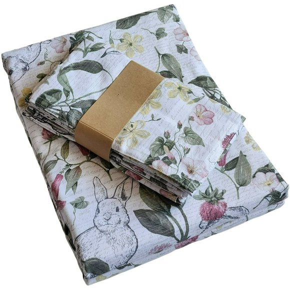 70in Round Cotton Tablecloth And Napkins With Printed Bunnies And Flowers Set - Picture 16 of 16